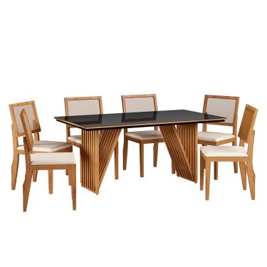 Imagem de Mesa de Jantar Mia Preto e Mel 160x90 cm com 06 Cadeiras Hana Castanho/Veludo Bege - D'Rossi