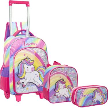Imagem de Kit Mochila Infantil Estojo e Lancheira Unicórnio Rosa Yepp