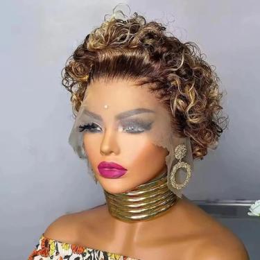 Imagem de Peruca Pixie Cut Ombre Loiro Mel Com Renda Frontal 13x1, Cabelo Humano