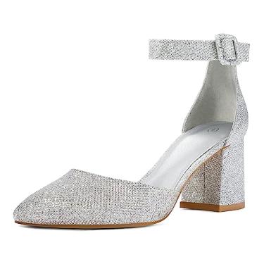 Imagem de mysoft Sapato feminino de bico fino, salto grosso, bico fechado, tira no tornozelo, sapato tipo escarpim – Disponível em tamanhos amplos, Prata, 34