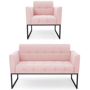 Imagem de Sofá Namoradeira E 1 Poltrona Base Industrial Preto Ana Suede Rosa Bebê - Ibiza