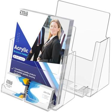 Imagem de KTRIO Suporte de folheto de acrílico 21,5 x 28 cm, suporte de folheto com porta-cartão de visita, suporte de literatura de panfleto transparente, porta-panfletos de plástico para folhetos, revistas,