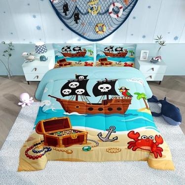 Imagem de Jogo de cama com desenho animado de navio pirata, caranguejo papagaio, criatura costeira, para crianças, adolescentes e adultos, temática náutica, oceano, conjunto de edredom com 2 fronhas, tamanho