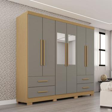 Imagem de Guarda-Roupa Casal Balder Premium 6 Portas 4 Gavetas com Pés e Espelho Jequitibá/Granizo - Pnr Móveis