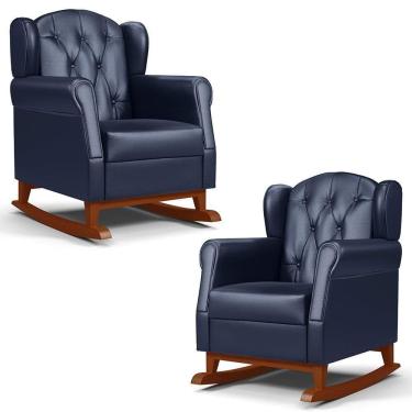 Imagem de Kit 02 Poltronas Amamentação Base Madeira Balanço Lucy P04 Sintético Azul Marinho - Mpozenato