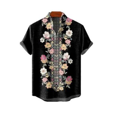 Imagem de Camisa Havaiana Masculina Com Estampa Étnica, Manga Curta, Casual, Est