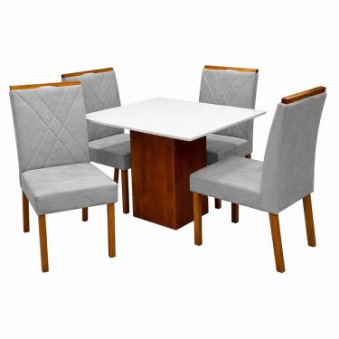 Imagem de Mesa de Jantar Dakota 90x90cm Sem Vidro e 4 Cadeiras California em Linho Estofadas Cel Móveis Cor Cinamomo Off White com Tecido Cinza