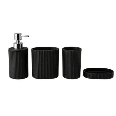 Imagem de Kit Banheiro Preto com Bambu: 4 Peças (Dispenser, Porta Escova, Copo, Saboneteira)