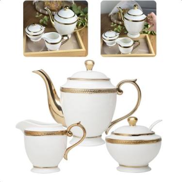 Imagem de Jogo Para Café Chá 3 Peças Leiteira Açucareiro e Bule De Porcelana Pad