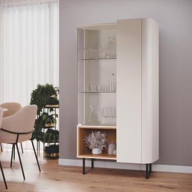 Imagem de Cristaleira Moderna Com Prateleira De Vidro E Pés De Ferro Off White