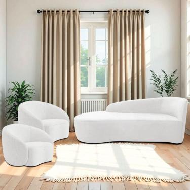 Imagem de Kit Divã Recamier Orgânico França 140cm Lado Esquerdo E 2 Poltronas Amore Bouclé Branco