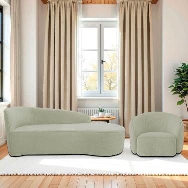 Imagem de Kit Divã Recamier Orgânico França 140cm Lado Direito E Poltrona Amore Bouclé Verde Oliva