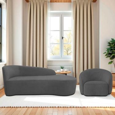 Imagem de Kit Divã Recamier Orgânico França 140cm Lado Direito E Poltrona Amore Linho Cinza Escuro