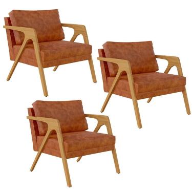 Imagem de Kit 3 Poltronas Pietra Decorativa Para Sala Corino Caramelo Lyam Decor