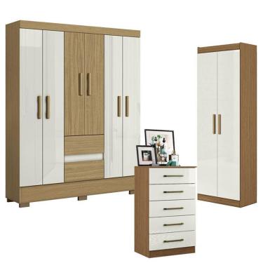 Imagem de Guarda Roupa Casal com Armário Multiuso e Cômoda Coimbra 2005138 6 Portas Giratórias 2 Gavetas MDP Atacama Off White