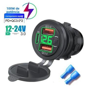 Imagem de Carregador USB Duplo QC3.0 Para Carro 12V 24V Com Voltímetro Digital E
