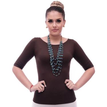 Imagem de Blusa Feminina Meia Manga com Proteção Solar UV Marrom Decote Canoa