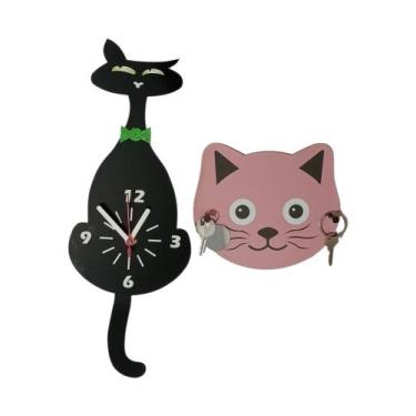 Imagem de Relógio de Parede Criativo Gato com Pêndulo e Porta Chaves - Genérica