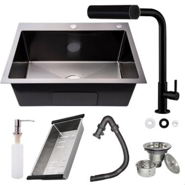 Imagem de Cuba Preta Cozinha Aço Inox 304 60x45 Cuba Gourmet Quadrada Premium Nano PVD Anti Risco Pia Moderna Embutir ou Sobrepor Funda SOFTINOX com Kit Acessórios E Torneira Inox Bancada Pia 4 Jatos Preta