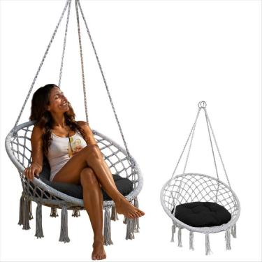 Imagem de Rede Cadeira Balanco Suspensa Algodao Corda Casa Teto Varanda Quintal Jardim Area Deck Resistente Confortavel Lazer
