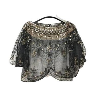 Imagem de Xale Elegante De Cor Sólida Com Bordado De Lantejoulas Barrocas E Malh