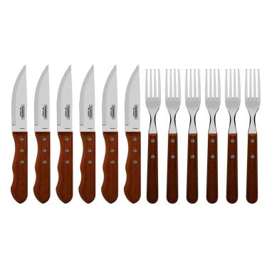 Imagem de Jogo De Talheres Jumbo Para Churrasco Tramontina Com Lâminas Em Aço Inox E Cabos Em Madeira Natural 12 Peças 22399063