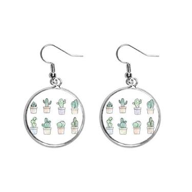 Imagem de Brinco feminino com estampa de suculentas de cacto, ilustração de planta em vaso, brincos pendentes de prata