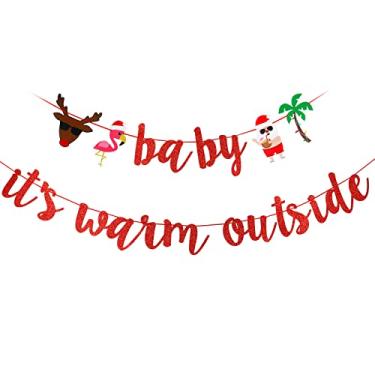 Imagem de Faixa Baby Its Warm Outside com glitter vermelho, decoração de festa de Natal, decorações de Natal de julho Mele Kalikimaka, decorações de festa de Natal tropicais