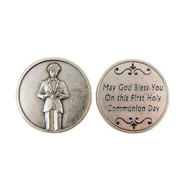 Imagem de Presentes de primeira comunhão para meninos, medalha de bolso prateada com menino em oração, 3,8 cm, One Size, Metal