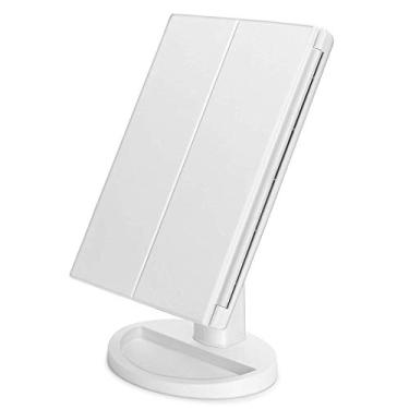Imagem de YONII Espelho de maquiagem iluminado com dobra tripla, 21 peças de luzes LED Touch Switch mesa de maquiagem controle de luz 1x/2x/3x espelhos de ampliação, fonte de alimentação dupla, rotação ajustável 180 (branco)