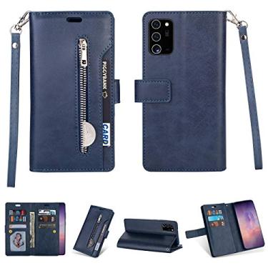 Imagem de Capa para Samsung Galaxy Note 20, carteira de couro PU fólio flip capa com zíper bolso slots para cartão fecho magnético capa protetora à prova de choque com alça de pulso para Samsung Galaxy Note 20 (azul)