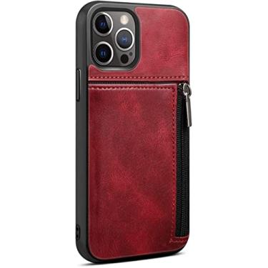 Imagem de MAALYA Capas para iPhone 13/13 Pro/13 Pro Max, capa protetora de carteira de couro, interior macio com suporte de cartão com zíper clamshell, para capas da série do iPhone (Cor: vermelho, Tamanho: 13 6,1 polegadas)