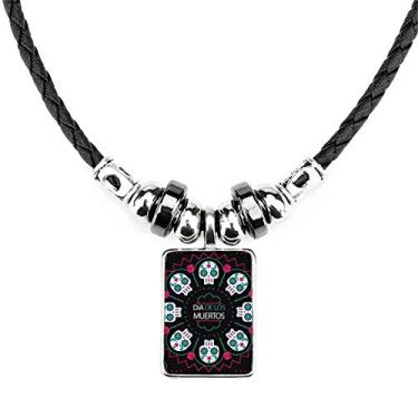Imagem de DIYthinker Colar de caveira rosa Happy The Day of The Dead Jewelry Torque pingente de corda de couro