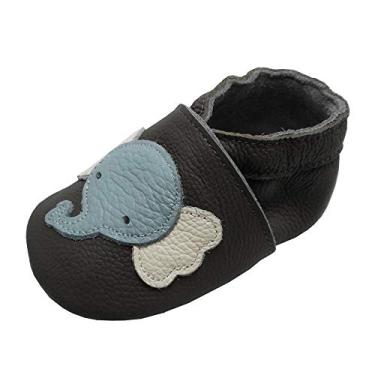 Imagem de YIHAKIDS Sapatos de sola macia para bebês meninas e meninos, mocassins de couro, unissex, 0 a 36 meses, Cinza, elefante, 18-24 Months Toddler