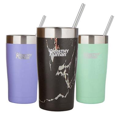 Imagem de Healthy Human Copo de aço inoxidável com canudo e tampa | Copo de viagem isolado à prova de respingos | Copos de café ecológicos | Copos de água com limpador de canudos e tampas à prova de respingos (590 ml, ônix preto)