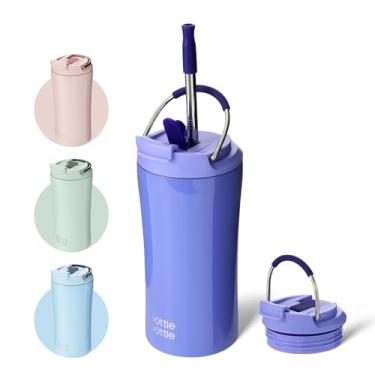 Imagem de BOTTLE BOTTLE Caneca de café com tampa de uso duplo e canudo de parede dupla gelo viagem caneca de café para mulher e homem 350 ml copo isolado de aço inoxidável com alça (roxo)