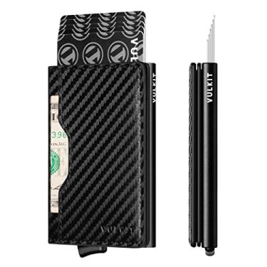 Imagem de VULKIT Carteira fina pop up para mulheres, porta-cartões de crédito, minimalista, com compartimentos de couro, carteiras masculinas de metal com bloqueio de RFID, CF Preto, S, Minimalista