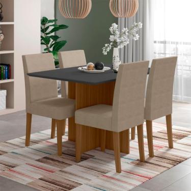 Imagem de Conjunto de Mesa de Jantar Retangular com Tampo de Vidro Preto Helo e 4 Cadeiras Josi Suede Fendi