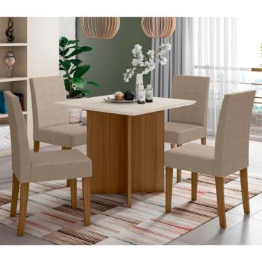 Imagem de Conjunto de Mesa de Jantar Quadrada com Tampo de Vidro Off White Helo e 4 Cadeiras Josi Suede Fendi