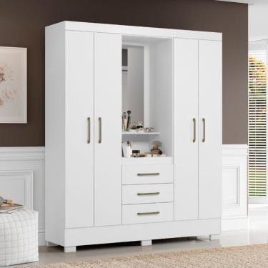 Imagem de Guarda Roupa Casal 4 Portas 3 Gavetas Flex Paris Aramóveis - Branco com Rosa
