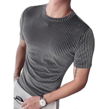 Imagem de OYOANGLE Camiseta masculina de veludo gola redonda manga curta slim fit camiseta básica casual, Cinza, XXG