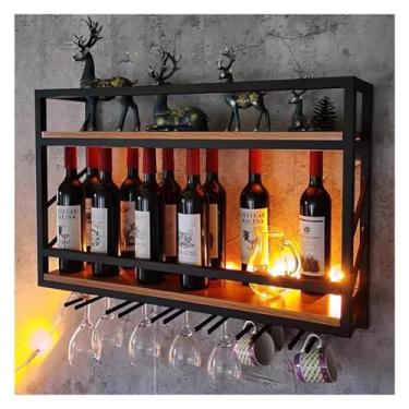 Imagem de Prateleiras de vinho rústicas montadas na parede com suporte de vidro, rack de vinho suspenso de metal industrial prateleira de madeira de 2 camadas prateleiras flutuantes para sala de estar cozinha