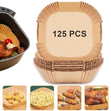 Imagem de Forros de papel para fritadeira a ar, 125 peças, forros descartáveis antiaderentes, papel de cozimento para fritadeira a ar, à prova de óleo, à prova d'água, pergaminho de grau alimentício para assar