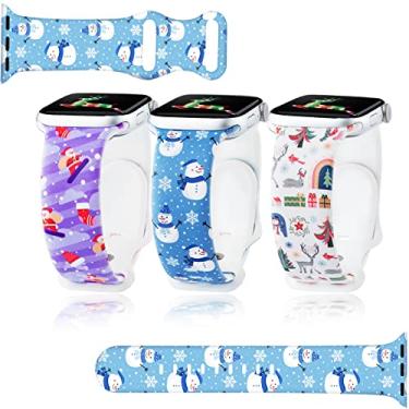 Imagem de Blingbrione Pulseira de Natal compatível com Apple Watch feminino 3 pacotes 42 mm/44 mm/45 mm/49 mm, silicone macio Papai Noel rena floco de neve alce pulseira impressa para iphone Watch Series 8 7 6 5 4 3 2 1 SE menina crianças 3 peças - Starlight roxo azul