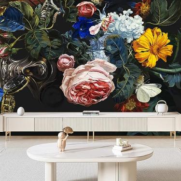 Imagem de Papel de parede de flores negras gigantes 3D vintage buquê peônia rosa papel de parede DIY aquarela floral folha verde libélula murais à prova d'água para sala de estar quarto TV sofá fundo decoração