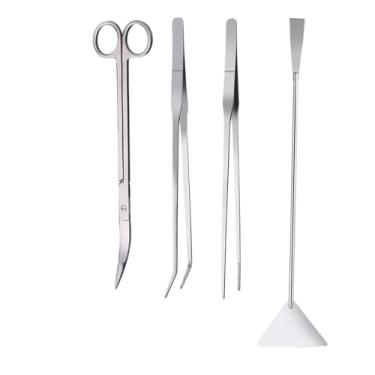 Imagem de Conjunto de ferramentas para plantas de aquário de aço inoxidável Tehaux com 4 peças, pinças aquáticas, tesoura, substrato, espátula, kit de ferramentas de limpeza de paisagismo
