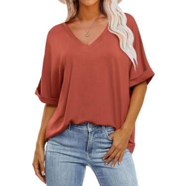 Imagem de ANRABESS Camisetas femininas grandes de manga curta gola V verão camisetas casuais soltas básicas lisas 2024 roupas modernas, Vermelho tijolo, XXG