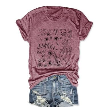 Imagem de MZEAZRK Camiseta feminina Boho com estampa de flores silvestres linda margarida de manga curta para férias, V - rosa, G
