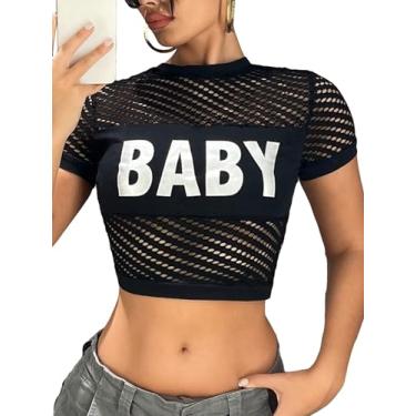 Imagem de GORGLITTER Camiseta cropped feminina com estampa de letras vazadas arrastão malha malha gola redonda manga curta curta, Preto, M