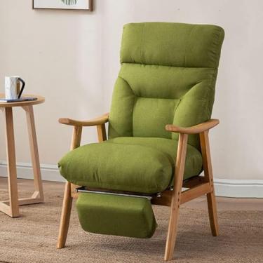 Imagem de Poltrona de madeira Cadeiras de mesa para quarto Cadeira de tecido respirável com encosto ajustável, poltrona reclinável com apoio para os pés, assento estofado largo, cadeira de móveis, ver